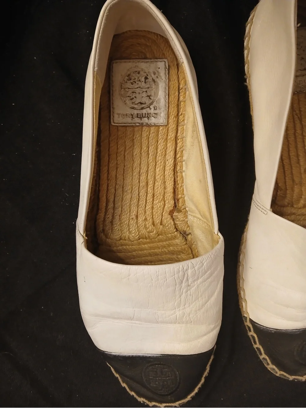Women's White Leather Espadrille Flats with Black Cap Toe